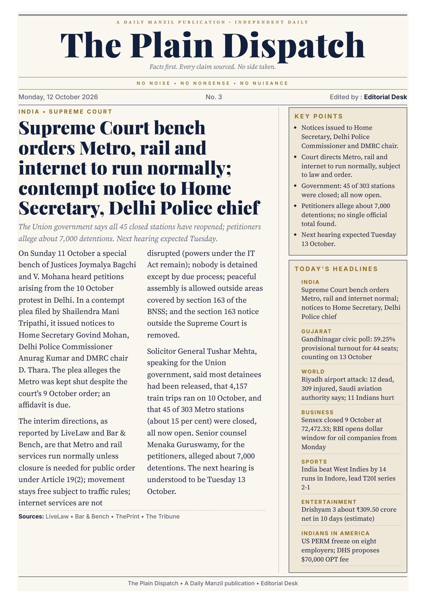 The Plain Dispatch, front page